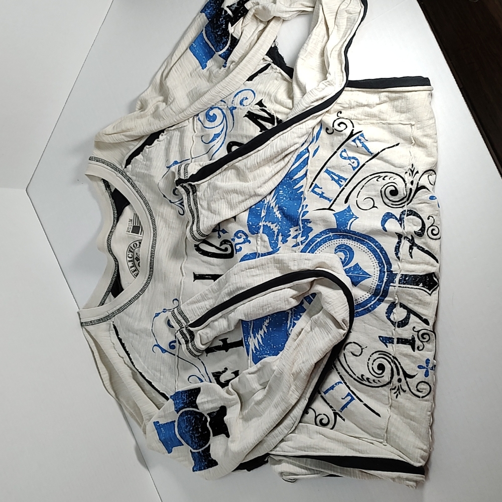 Men's M Affliction Long Sleeve T Shirt Cream Blue Ombre Eagle Fluer De Lis - Picture 4 of 5